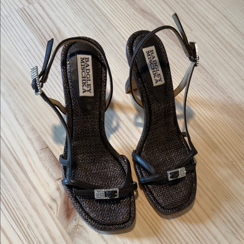 Badgley Mischka Black Slingback Heels with Rhinestone Buckles